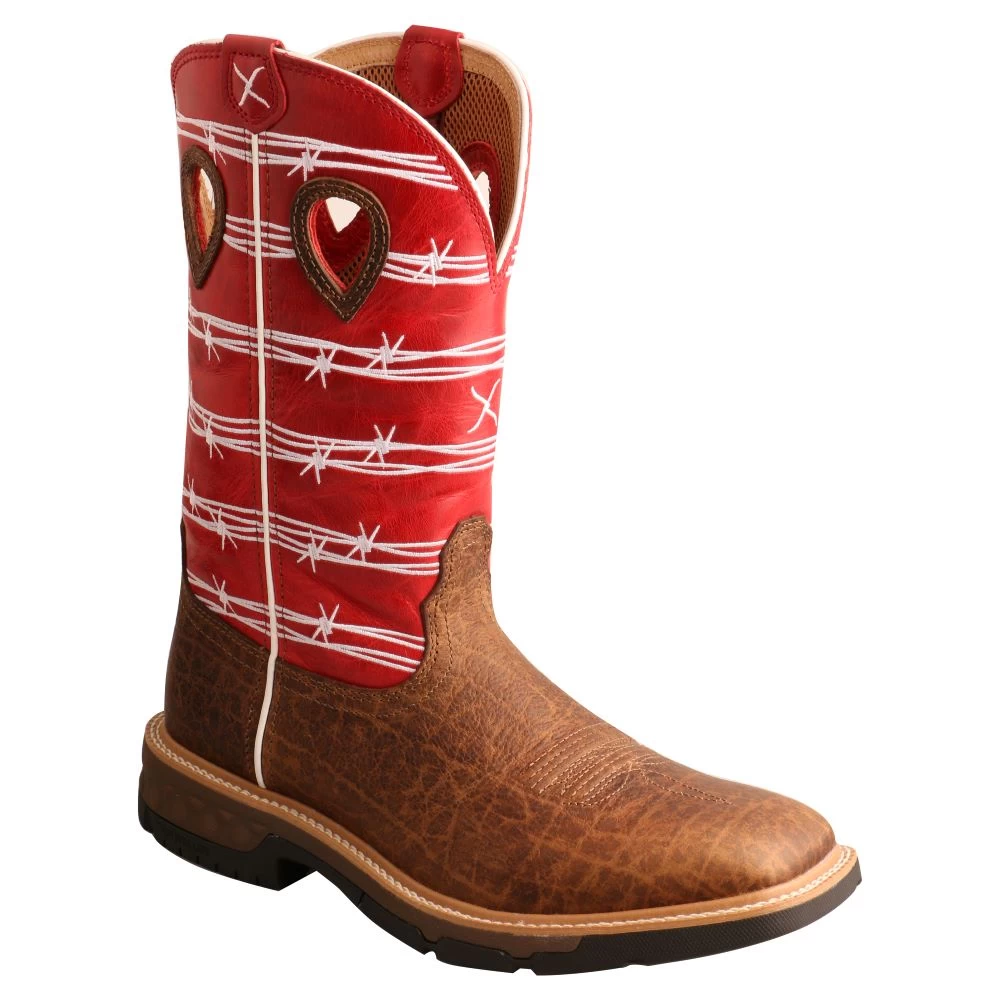 'Twisted X' Men's 12" Western Work Square Toe - Distressed Saddle / Ruby Red - Image 5