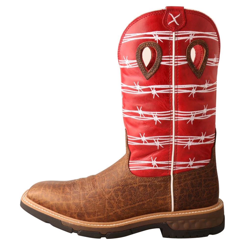 'Twisted X' Men's 12" Western Work Square Toe - Distressed Saddle / Ruby Red - Image 7